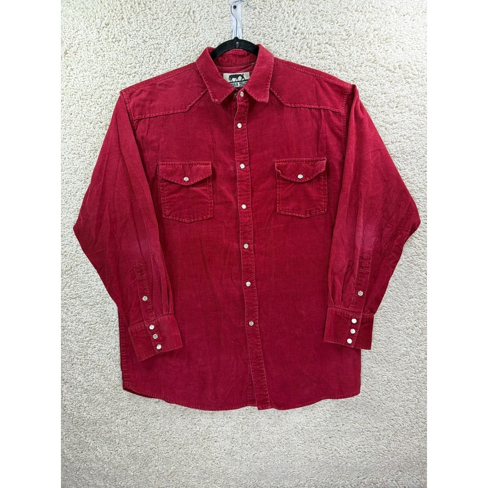 Western Trails Corduroy Shirt Mens L Red Snap Front Western Yoke